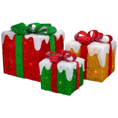 Northlight Set Of 3 Led Lighted Green, Gold And Red Snowy Gift Boxes ...