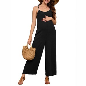 Maternity Jumpsuit Summer Sleeveless Spaghetti Strap Long Pants Wide Leg Overalls Romper with Pockets - 1 of 4