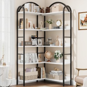 Five-tier L-shaped corner bookshelf with wood and metal storage shelves. Space-saving office display unit suitable for living rooms and bedrooms. - 1 of 4