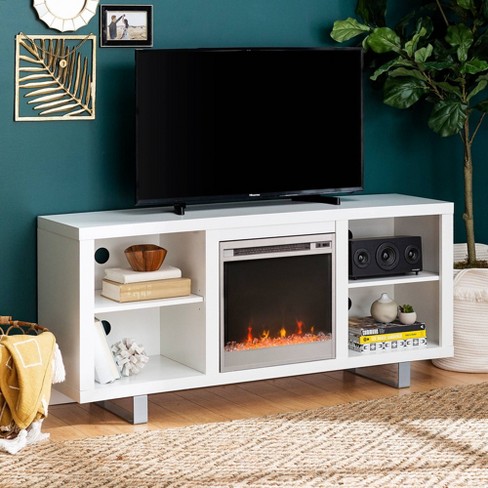4 Cubby Modern Electric Fireplace With, Tv Stand With Fireplace White Contemporary