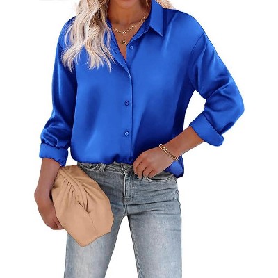 Zeagoo Women's Blouse Satin Silk Shirts Button Down Shirts Casual Loose Long Sleeve Office Work Tunic Tops