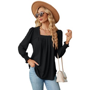Water-Soluble Hollow Jacquard Pleated Square Neck Long Sleeve Tailcoat Solid Color T-Shirt Top - 1 of 4