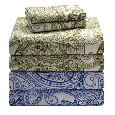 Twin XL Green Cotton Percale Paisley Sheet Set