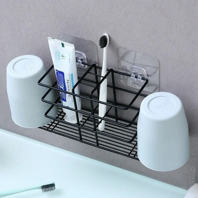 LunaLulinlk Toothbrush Holder Rack with Mouthwash Cup Holder Slots, Toothbrush Toothpaste Holder Wall-Mounted Drill Free Storage Rack Black