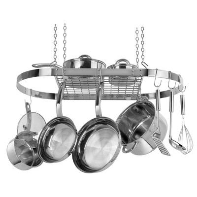 Stainless Steel Oval Ceiling Pot Rack with Hooks
