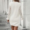 Women's Long Sleeve Crochet Hollow Sweater Dress V Neck Mini Fitted Knit Dress Dressy Casual Wedding Guest Dresses White L - 3 of 4