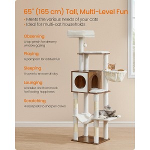 65-Inch Multi-Level Cat Tree Tower with Cave, Basket & Hammock, Includes Scratching Posts & Pompom Toy - 1 of 4