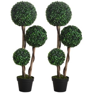 HOMCOM 35.5" Artificial Plant for Home Decor Indoor & Outdoor Fake Plant Artificial Tree in Pot, Ball Boxwood Topiary Tree, Set of 2, Green - 1 of 4