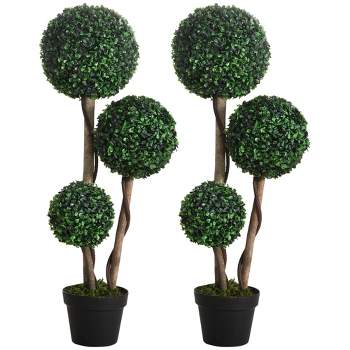 HOMCOM 35.5" Artificial Plant for Home Decor Indoor & Outdoor Fake Plant Artificial Tree in Pot, Ball Boxwood Topiary Tree, Set of 2, Green