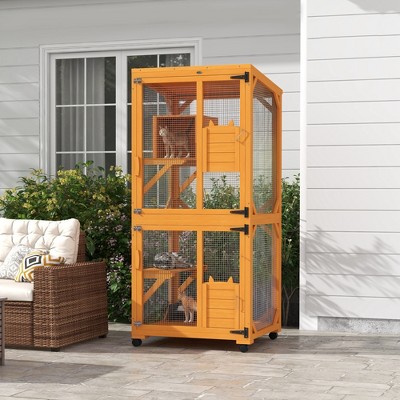 Large Natural Wood Outdoor Cat House with Wheels