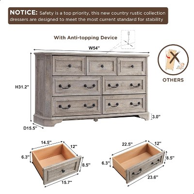 54" Light Rustic Oak Farmhouse 7-Drawer Wood Dresser