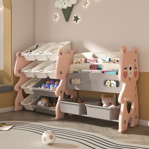 Hrinhom 56.7"W Kids Toy Storage Shelf,2 Tier Shelf+12 Toy Bins - 1 of 4
