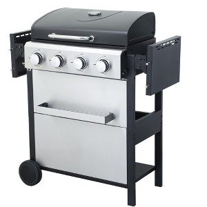 Okak 4-Burner Propane Gas BBQ Grill with Stainless Steel Plancha, Smoker Grill with Foldable Side Table and Hanging Basket, Silver - 1 of 4