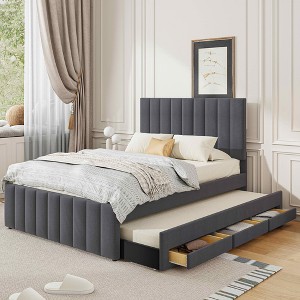 MAYEERTY Twin Size Upholstered Platform Bed, Trundle 3 Drawers Linen Fabric, Bedroom, Gray - 1 of 4