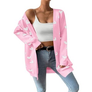 Coolmee Women's Fall Winter Long Sleeves Open Front Heart Print Knitted Sweater Cardigan Coat Outwear - 1 of 4