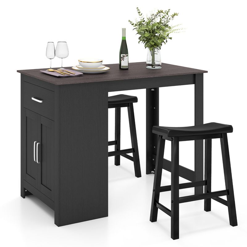 Costway 3 Pieces Bar Table Set Pub Dining Table with Saddle Stools & Storage Cabinet Black, 1 of 8