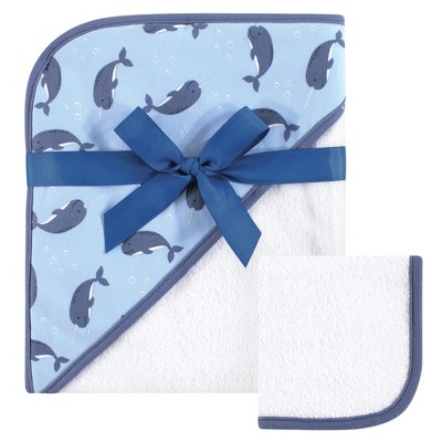 Hudson Baby Infant Boy Cotton Hooded Towel and Washcloth 2pc Set, Narwhal, One Size