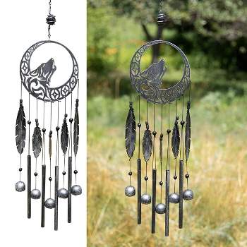 Dawhud Direct 27.5" H Rustic Charcoal Wolf Dreamcatcher Wind Chimes - Outdoor