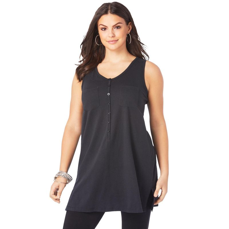 Roaman's Women's Plus Size Button-Front Henley Ultimate Tunic Tank, 1 of 2