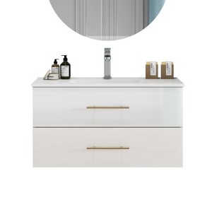30 Inch Bathroom Vanity with Sink, Floating Vanities Cabinet with 2 Storage Drawers and Long Handle in Gold Metal - 1 of 4