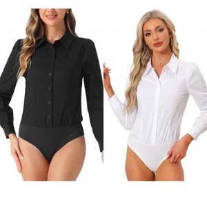 INSPIRE CHIC Women's Collared Business Casual Button Down Long Sleeves Bodysuit Leotard Shirt 2 Packs - 1 of 4
