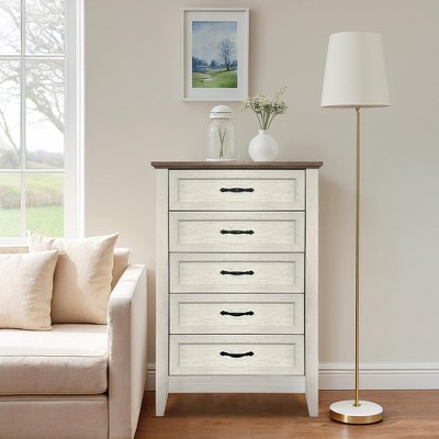 Garvee Chest of Dresser, Vintage Wood 5 Drawer Tall Dresser Storage Organizer for Closet, Bedroom, Nursery, Living Room, Hallway, White