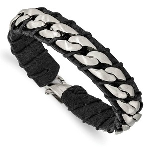 Black Bow Jewelry 15mm Stainless Steel & Black Leather Brushed Curb Bracelet, 8.5 Inch - 1 of 4