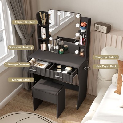 Vanity Desk with LED Lighted Mirror and 3 Adjustable Lights,  Makeup Vanity with Storage Stool, 2 Large Drawers and 4 Open Shelves
