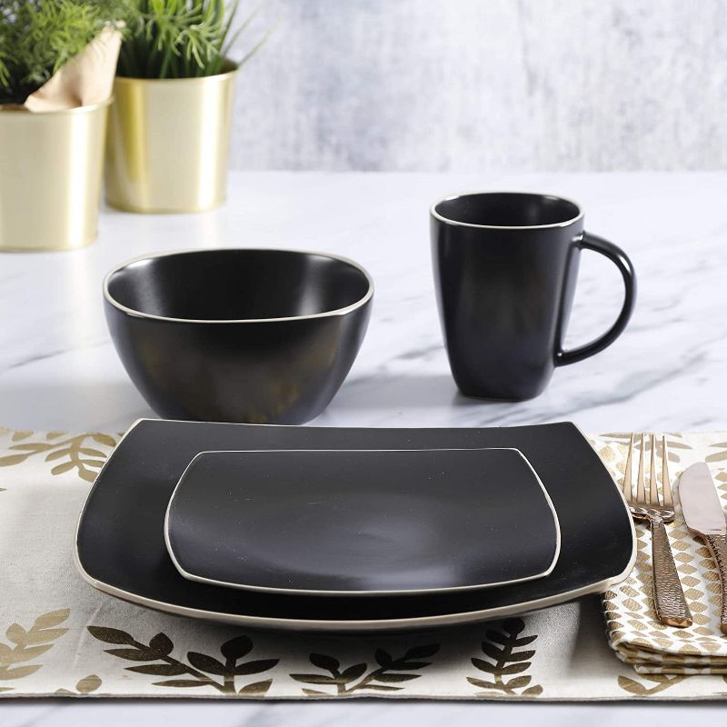Gibson Elite 102261.16RM Soho Lounge 16 Piece Dinnerware Set for 4 Including Dinner Plates Dessert Plates and Mugs, Matte Black with White Rims, 4 of 6