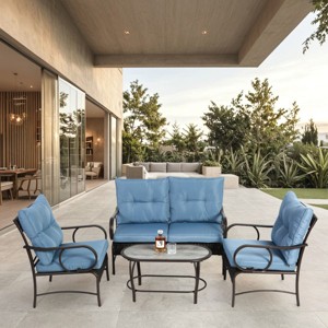4 Piece Patio Furniture Sets, Wicker Conversation Set For Porch Deck, Patio Conversation Sets With Rattan Sofa Chair With Cushion-Cuddlewood - 1 of 4