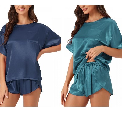 INSPIRE CHIC Women's 2 Pcs Lounge Sets Satin Silky Short-Sleeve Tee with Side-Slit Elastic Shorts Sleepwear