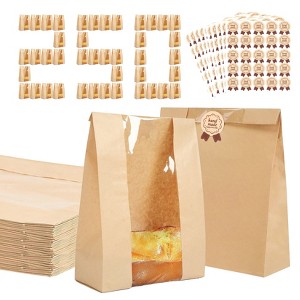 EcoSummer 250-Pack Kraft Bakery Bags with Window & Stickers – Greaseproof, Leakproof for Bread, Cookies & Pastries. - 1 of 4