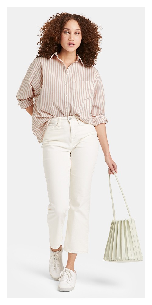 Women's Long Sleeve Oversized Button-Down Boyfriend Shirt - A New Day™ Cream Striped S, Women's High-Rise Slim Fit Stretch Bootcut Jeans - A New Day™ White 2