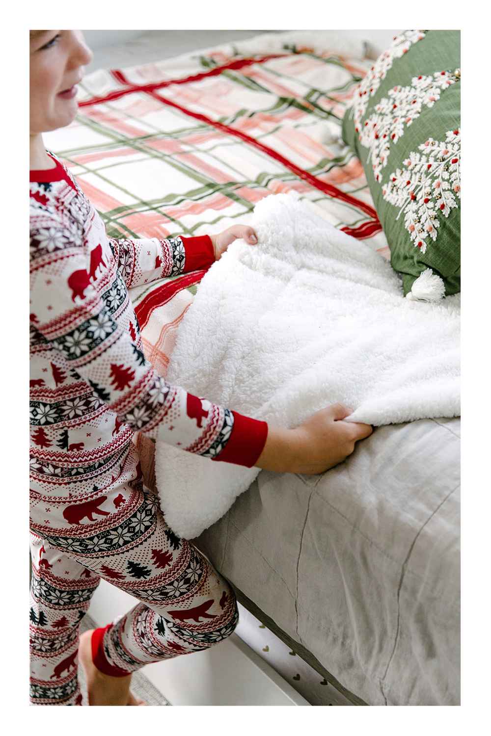Windowpane Plaid Printed Plush with Sherpa Reverse Christmas Throw Blanket Green/Cream - Threshold™, Oversized Tree Embroidered Lumbar Christmas Throw Pillow Green - Threshold™