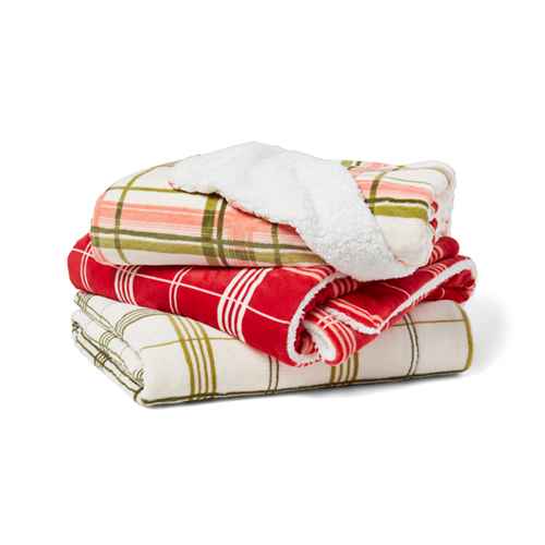 Windowpane Plaid Printed Plush with Sherpa Reverse Christmas Throw Blanket Green/Cream - Threshold™