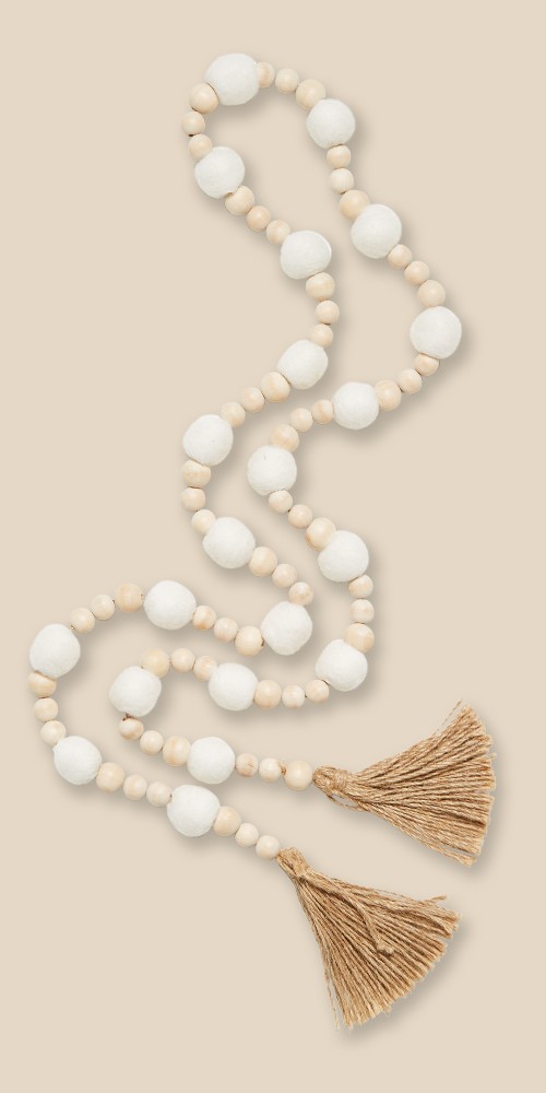 6ft Wood Beaded Christmas Garland with Gold Tassels White/Natural - Wondershop™