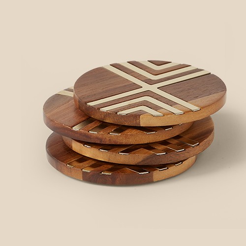 Set of 4 Coasters Natural Acacia with Gold Metal - Threshold™