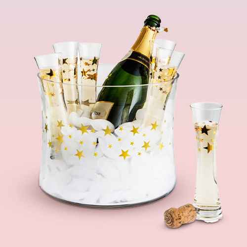 Artland Gold Stars 7 Piece Glass 4 Ounce Stemless Toasting Flute Set with Ice Bucket, Korbel Brut Champagne - 750ml Bottle, Chandon Brut Sparkling Wine - 750ml Bottle