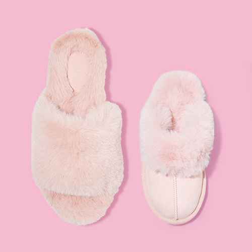 Girls' Carmen Scuff Slippers - Cat & Jack™ Pink 4, Women's Emma Faux Fur Slide Slippers - Stars Above™ Pink 6