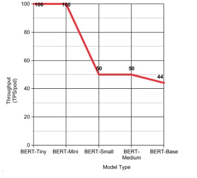 A line graph with the y axis of 'Throughput' from 0-100 by twenties, and a x axis showing 'model type' with five BERT models listed. The graph shows a red downward trend line from 100 to 44 throughput.