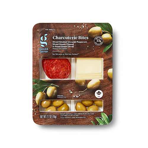 Pepperoni, Sliced Gouda Cheese and Green Olives - 2.7oz - Good & Gather™, Hot Capicollo, Sliced Cheddar Cheese and Toasted Sesame Rounds - 2.7oz - Good & Gather™, Shaved Ham, Sliced White Cheddar Cheese, Toasted Sesame Rounds and Dried Blueberries - 2.7oz - Good & Gather™