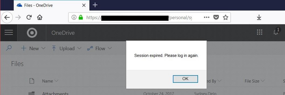 SharePoint session showing alert with content "Session expired. Please log in again"