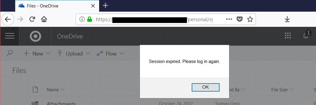 screenshot from OneDrive with error message prompting "Session expired. Please log in again."