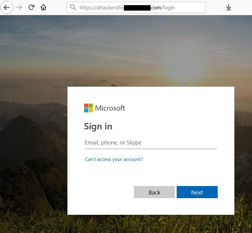 screenshot of malicious URL spoofing a normal Microsoft sign-in page