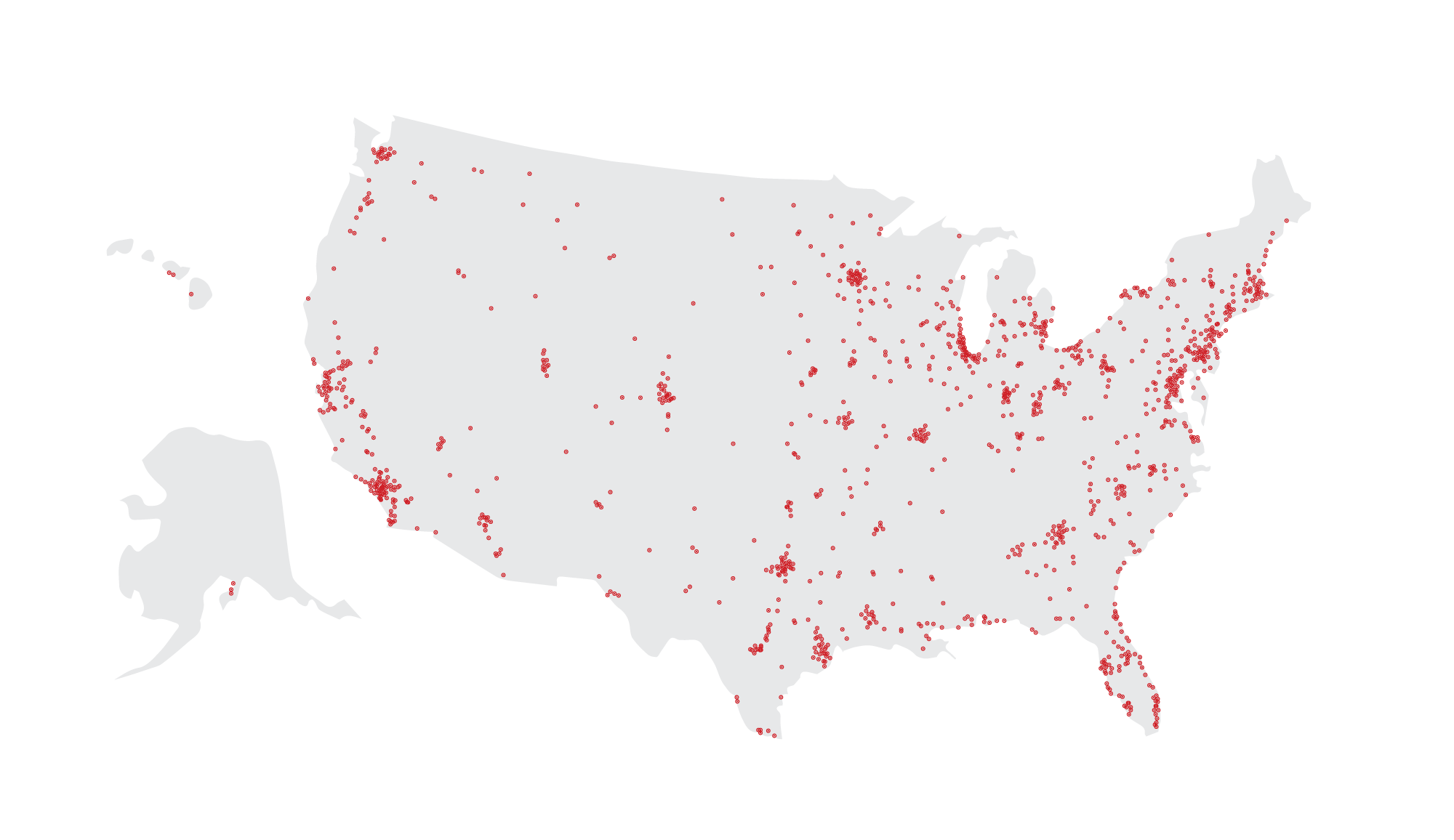 light gray map of the United States with over 1800 small red dots indicating Target store locations