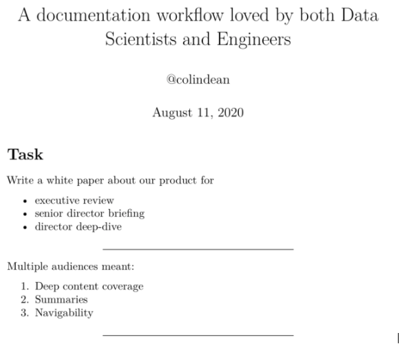 Image showing a cover sheet of a white paper, including title "Documentation workflow loved by Data Scientists and Engineers" and detailing the task and audiences