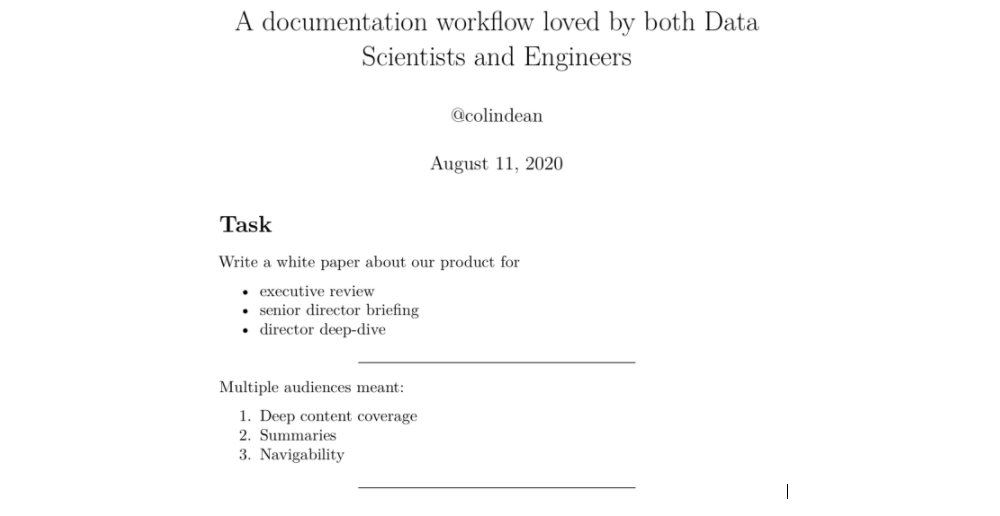 A cover sheet of a white paper, including title 'Documentation workflow loved by Data Scientists and Engineers' and detailing the task and audiences