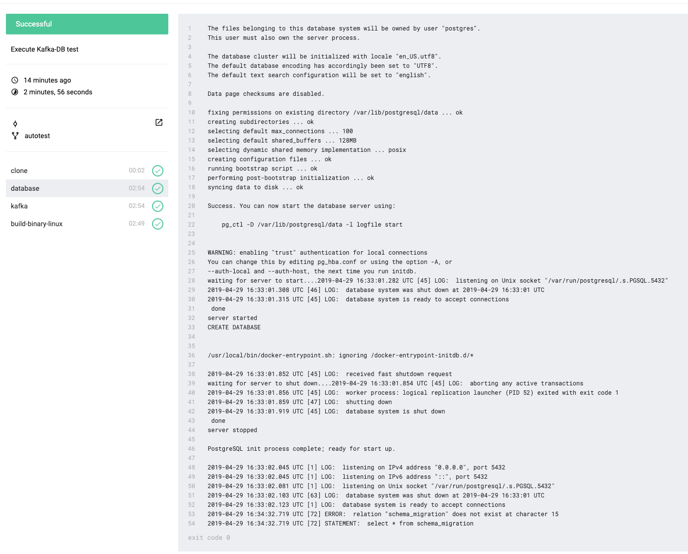 screenshot showing a screen of code representing "Execute Kafka-DB test" that was run 14 minutes ago and lasted for 2 minutes, 56 seconds. the code on the screen shows the initialization of the process and successful test process completing