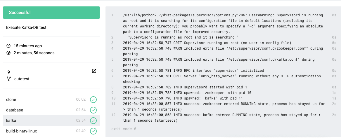 screenshot showing a successful output of a finished "Execute Kafka-DB test" with Kafka and zookeper both entering the "running" state