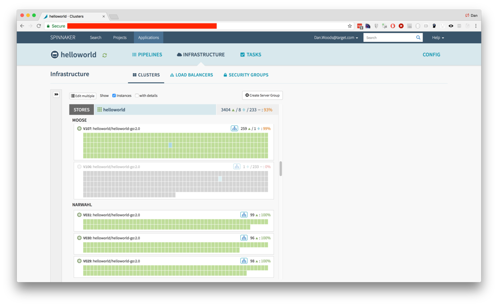 screenshot from Spinnaker showing load balances and clusters running and the health and deployed state across many stores